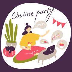 Online party. Girl wishes birthday to her friend and drinks cocktail. Home party during quarantine. Doodle flat vector illustration