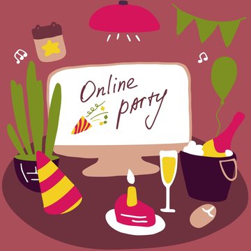 Celebrating at home. Online party. Attributes of the celebration. Stay home, quarantine design concept. Hand drawn flat vector illustration