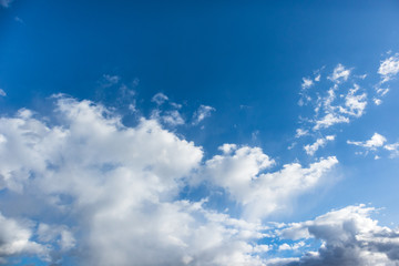 Scenic cloudy blue sky. Sunlight in high large dramatic cloudscape moody background