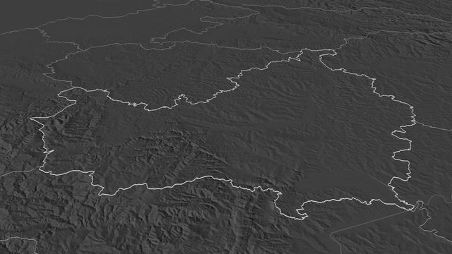 Cluj, county with its capital, zoomed and extruded on the bilevel map of Romania in the conformal Stereographic projection. Animation 3D