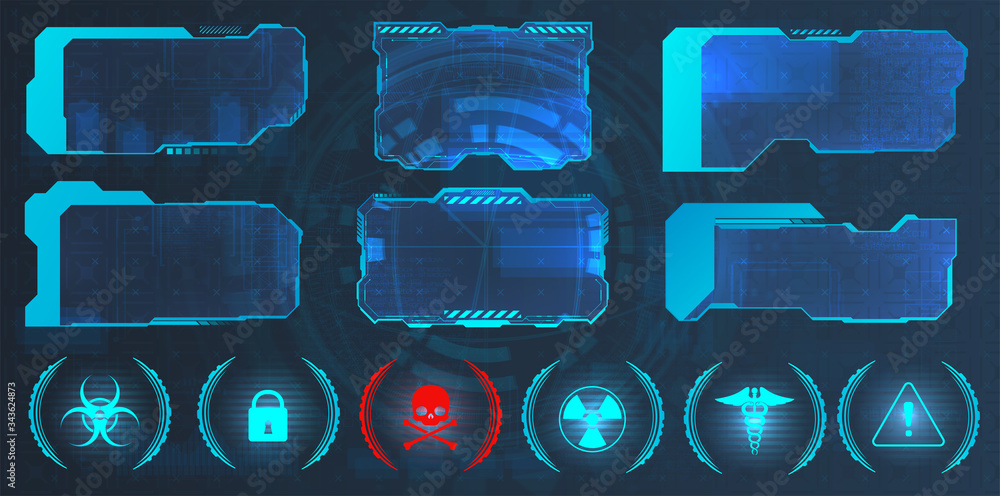 Poster gui, hud, ui hi-tech frame screens and small callouts for icons. good for video games sky-fi concept