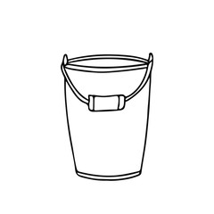 Garden bucket in doodle style. Hand drawn vector illustration in black ink isolated on white background. 
