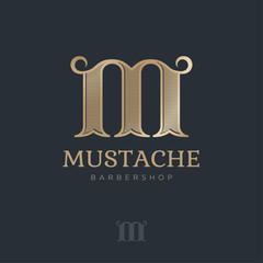 M monogram with curl elements. Barbershop logo. Golden letter M with mustache. Male salon logo. Premium icon or sign.