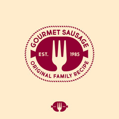 Gourmet sausages logo. Original products. Butcher shop sign. Silhouette of sausage with fork.