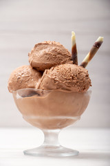 Chocolate ice cream ball in a glass