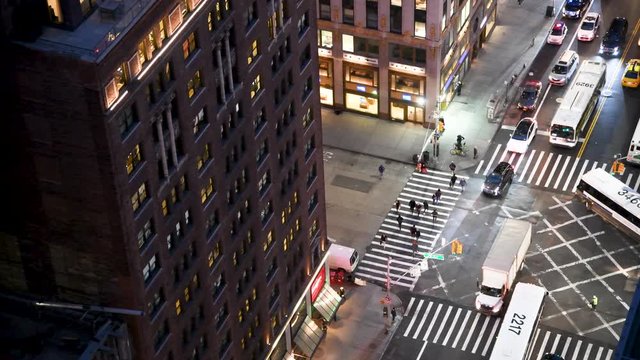 NEW YORK CITY - DECEMBER 2018: Aerial overhead view of Manhattan night traffic, New York City, USA
