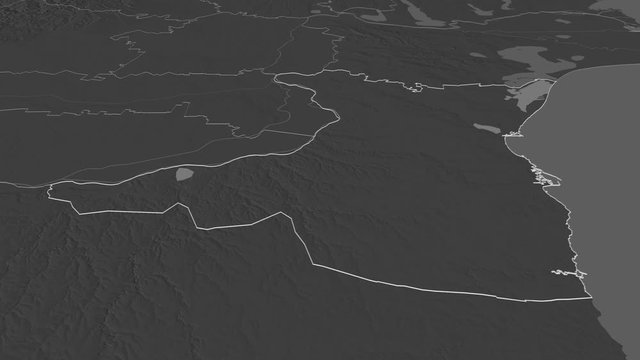 Constanța, county with its capital, zoomed and extruded on the bilevel map of Romania in the conformal Stereographic projection. Animation 3D