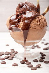 Chocolate ice cream ball in a glass