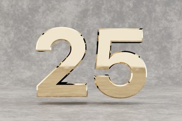 Gold 3d number 25. Glossy golden number on concrete background. 3d rendered digit.