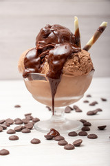 Chocolate ice cream ball in a glass