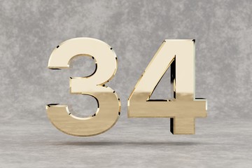 Gold 3d number 34. Glossy golden number on concrete background. 3d rendered digit.