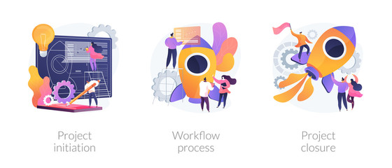 Project implementation abstract concept vector illustration set. Project initiation and closure, workflow process, business analysis, vision and scope, management software, deadline abstract metaphor.