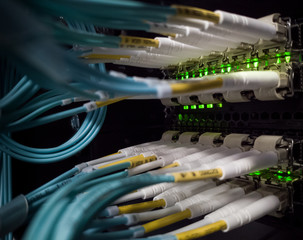 Fiber Optic cables on a network switch telecomunication fast