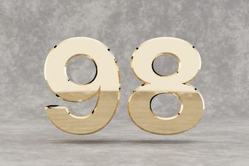 Gold 3d number 98. Glossy golden number on concrete background. 3d rendered digit.