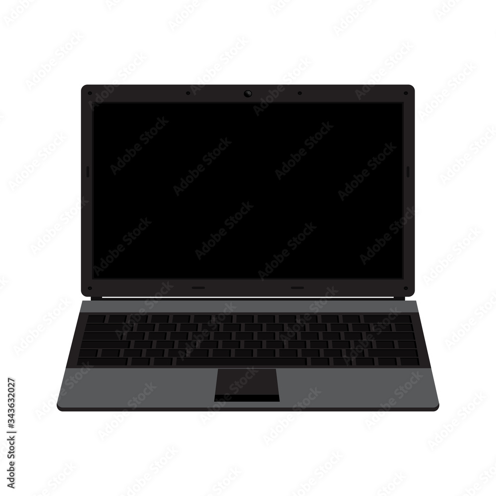 Poster realistic black laptop device mockup isolated on white background. angle with front view and blank e