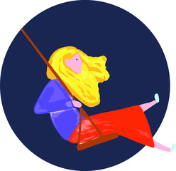 Character of blonde girl on a swing. Concept of freedom and summer