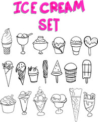 Hand drawn ice cream doodle set. Vector collection of sweets