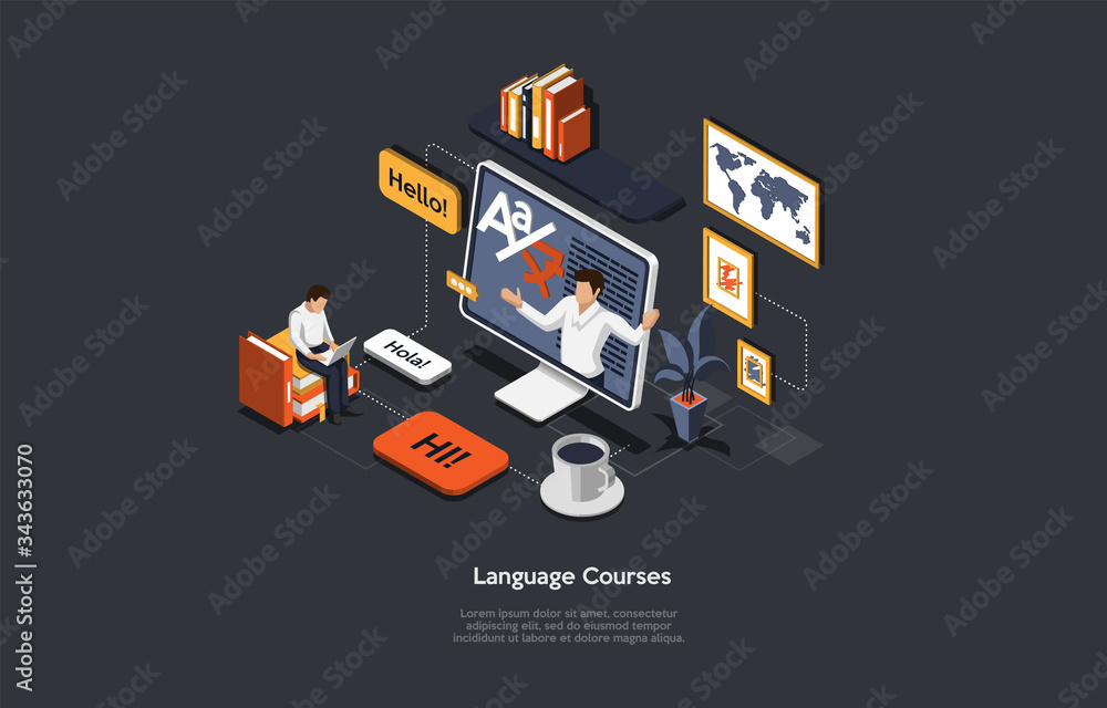 Poster concept of isometric online language courses, distance internet education. people learn different fo