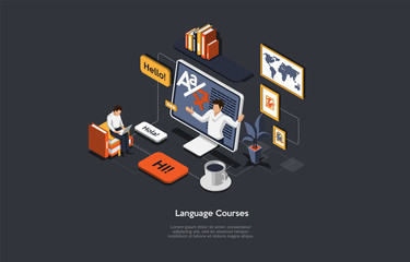 Concept Of Isometric Online Language Courses, Distance Internet Education. People Learn Different Foreign Languages Online Remotely With Teacher On Computer Monitor. Cartoon 3d Vector Illustration