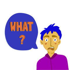 Shocked boy character with what word in speech balloon. Vector concept of fear, misunderstanding and anger