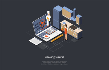 Isometric 3d Online Cooking Course Concept. Young Female Character Takes An Online Culinary Course With Professional Cheif. Girl Teaching Cooking Use Internet Application. Cartoon Vector Illustration