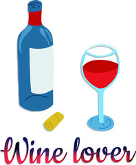 Isolated bottle of wine and glass with lettering wine lover
