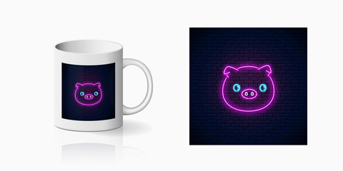 Neon sign of cute pig in kawaii style print for cup design. Cartoon happy smiling piggy design banner in neon style and mug mockup. Vector shiny design element