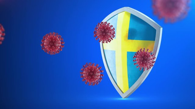 Security shield as virus protection concept. Coronavirus Sars-Cov-2 safety barrier. Shiny steel shield painted as Swedish national flag defend against cells, source of covid-19 disease.
