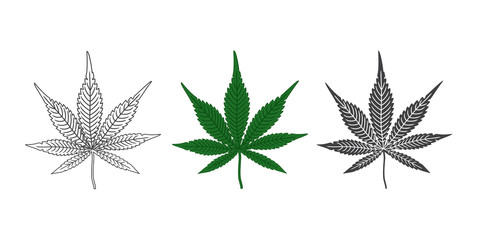 Detalized Marijuana or Cannabis Set of Outlined Colored and Inverted Isolated Leaves - Black and Green on White Background - Vintage Graphic Design