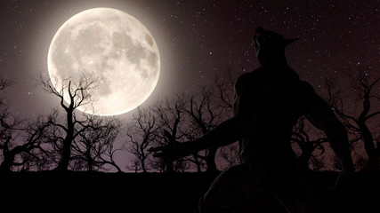 Illustration of a werewolf during the full moon in the creepy forest