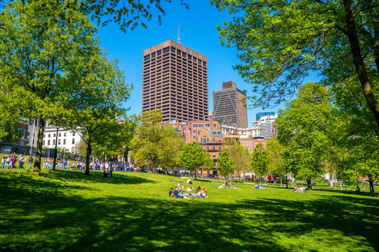 Beautiful park with people chilling under the sun in Boston North End Park and skyline in Massachusetts USA
