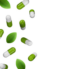 3d Realistic Medical Pills with Leaves, Set Capsules, Tablets. Medical Background