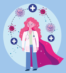 thanks you doctors, female physician with cape hero character, coronavirus covid 19