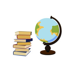 Pile of books and vintage globe. Georaphy science. Learning and studying class. Vector isolated graphic illustration