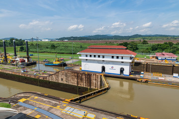 View of the Panama Canal in Miraflores visitor center (Panama City).