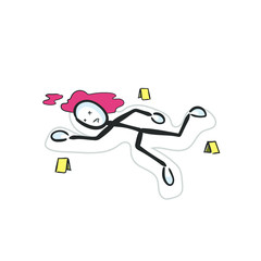Crime scene, dead body outlined. Hand drawn. Stickman cartoon. Doodle sketch, Vector graphic illustration