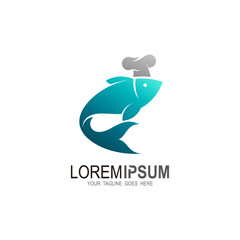 Naklejka premium Fish logo with chef design template, Fish logo with a chef's hat