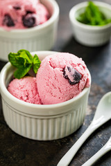 Black Cherry Vanilla Ice Cream or Cherry Frozen Yogurt. Selective focus.