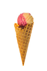 Strawberry Banana Fruit Ice Cream In a Waffle Cone Isolated on White Background. Selective focus.