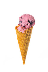 Cherry Ice Cream or Cherry Frozen Yogurt In a Waffle Cone Isolated on White Background. Selective focus.