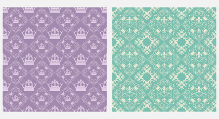 Damask seamless pattern. Violet and green color. Vector art