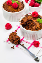 Microwave Chocolate Cake. Instant Mug Chocolate Cake in Portion Bowl. Selective focus.