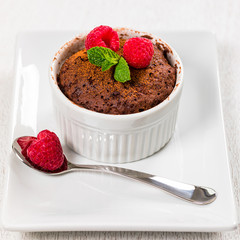 Microwave Chocolate Cake. Instant Mug Chocolate Cake in Portion Bowl. Selective focus.