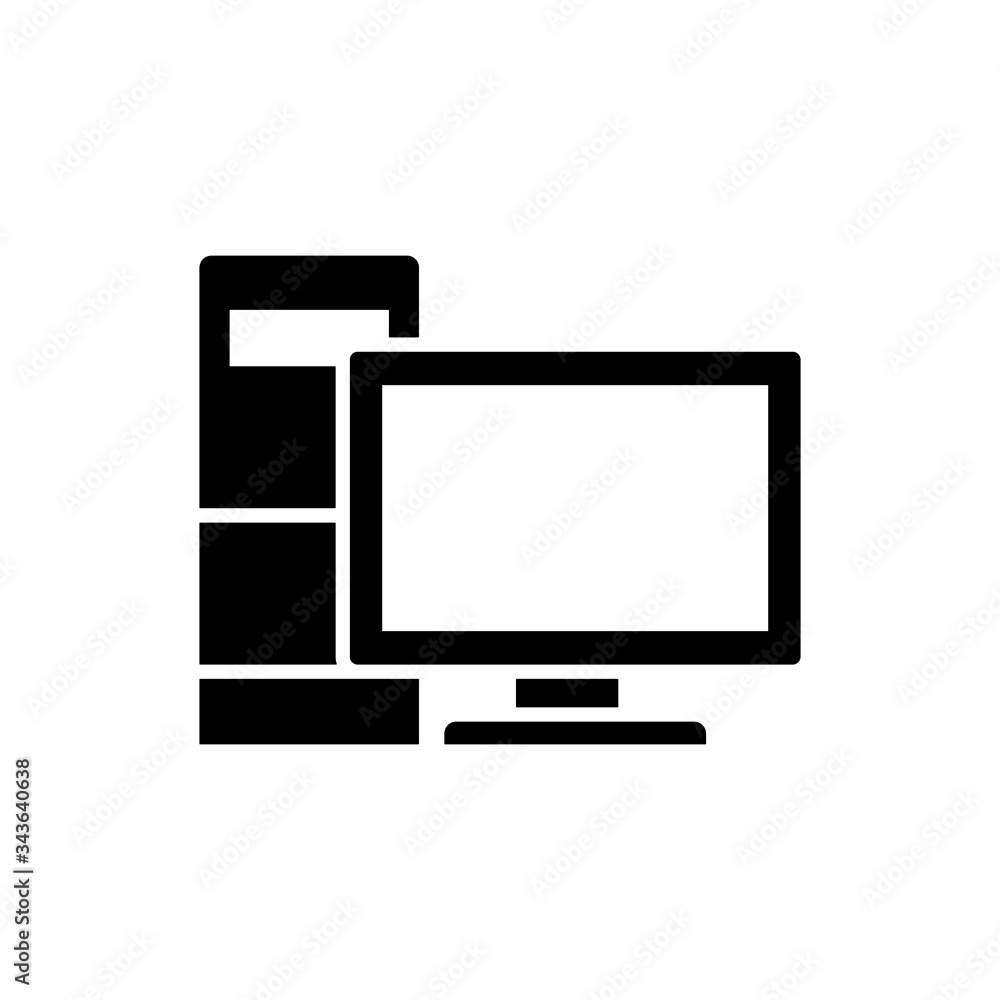 Poster computer monitor with system unit icon, line pc system case symbol in black flat shape design on whi