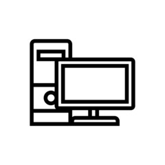 Computer monitor with system unit icon, Line pc system case symbol in outline style on white background
