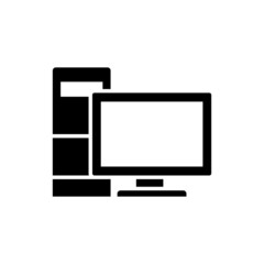 Computer monitor with system unit icon, Line pc system case symbol in black flat shape design on white background