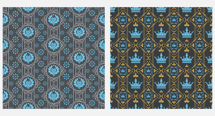 Damask seamless pattern. Black, blue and golg color. Vector art.