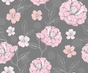 Seamless pattern with roses and pink flowers