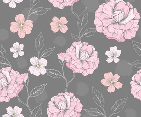 Gordijnen Seamless pattern with roses and pink flowers © Hmarka