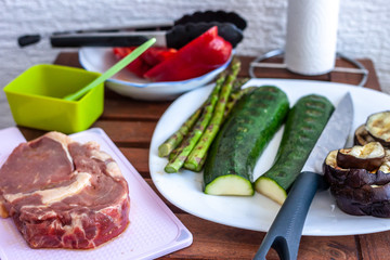 piece of meat and vegetables preparing  barbecue